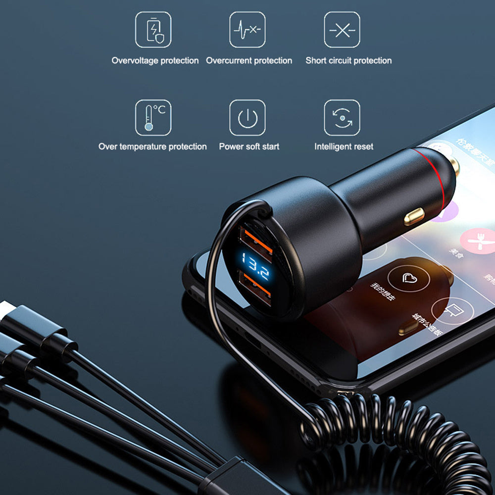 P6X 12V-24V Dual USB Car Cigarette Lighter Fast Phone Charger with iP+Micro+USB-C Cable P6X 12V-24V Dual USB Car Cigarette Lighter Fast Phone Charger with iP+Micro+USB-C Cable